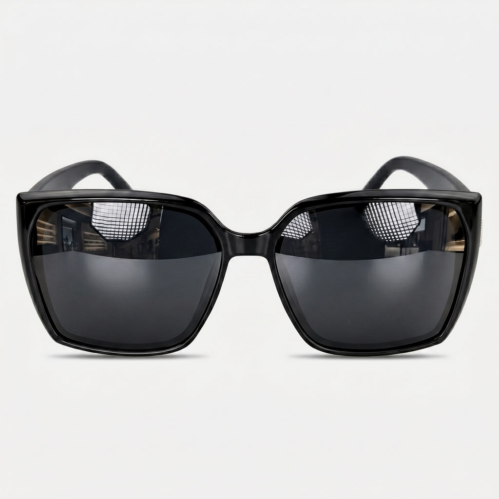 Czarne okulary przeciwsłoneczne damskie oversize kwadratowe AURANTIS - widok z przodu. Model K-SQU-BK-01.