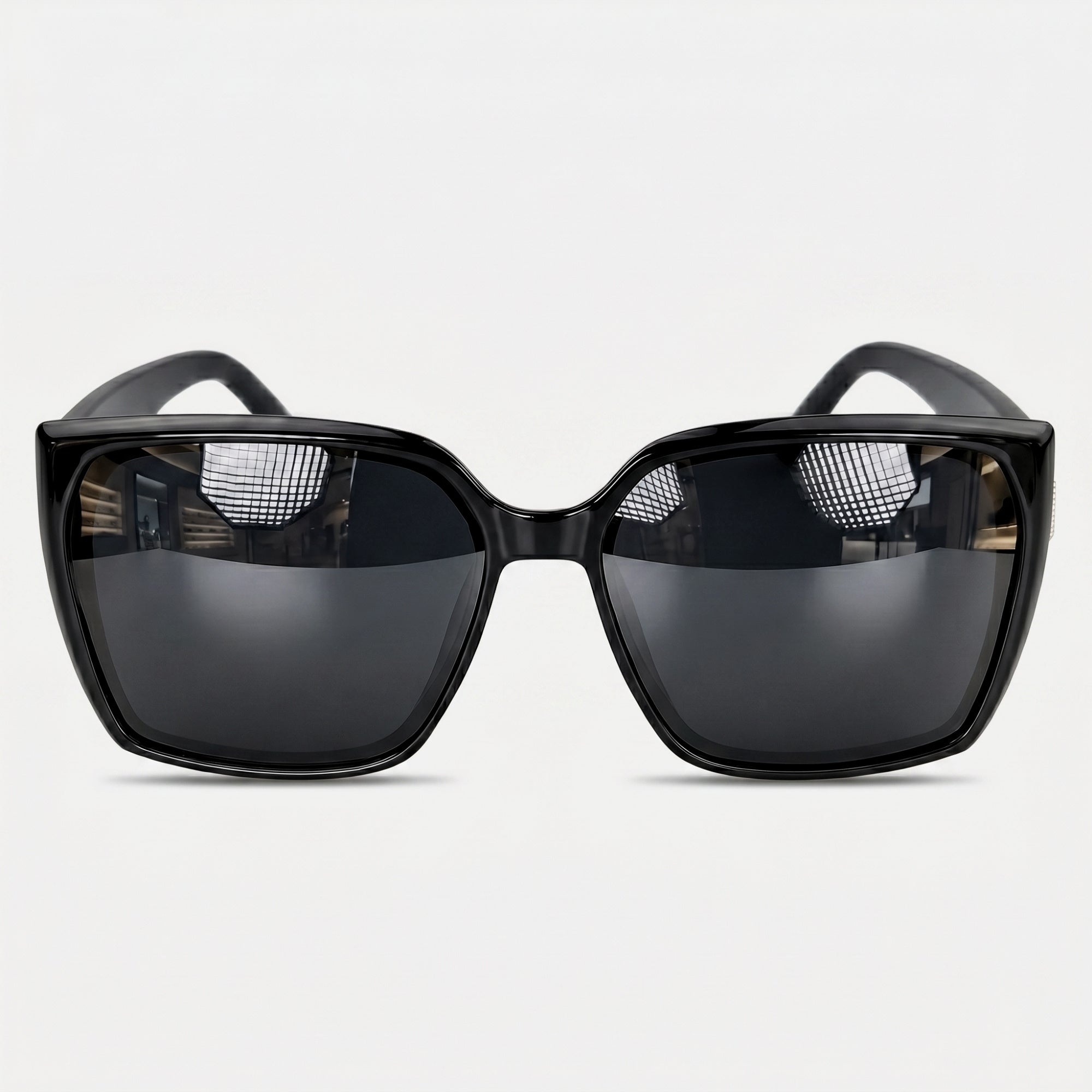 Czarne okulary przeciwsłoneczne damskie oversize kwadratowe AURANTIS - widok z przodu. Model K-SQU-BK-01.