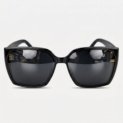 Czarne okulary przeciwsłoneczne damskie oversize kwadratowe AURANTIS - widok z przodu. Model K-SQU-BK-01.