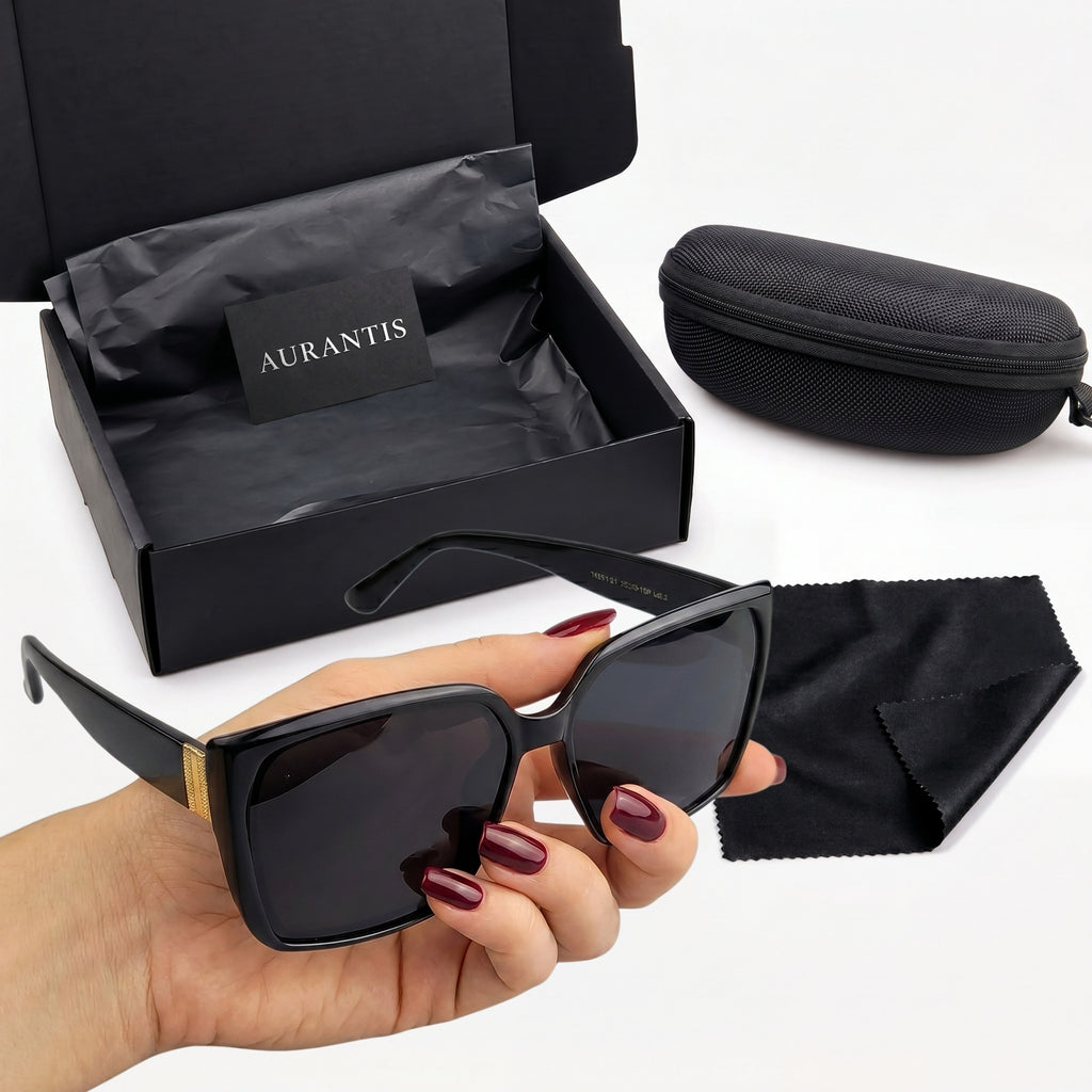 Czarne okulary przeciwsłoneczne damskie oversize kwadratowe AURANTIS - zestaw z eleganckim etui i pudełkiem. Model K-SQU-BK-01.
