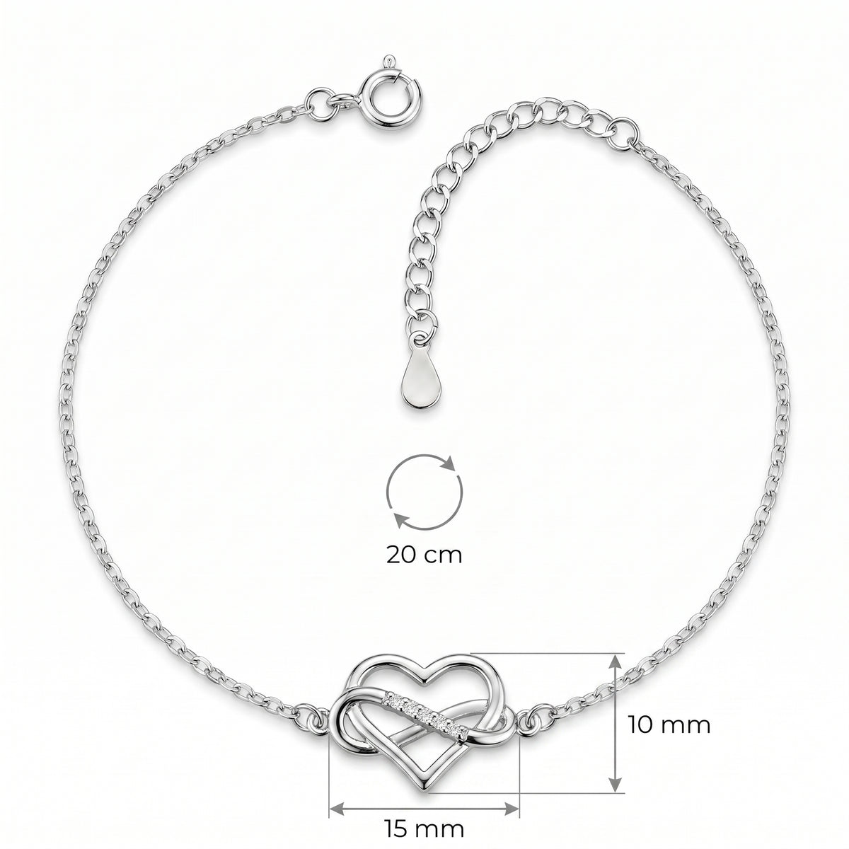 Rysunek wymiarowy: łańcuszek 20 cm oraz zawieszka 15 mm szerokości i 10 mm wysokości w bransoletce Aurantis