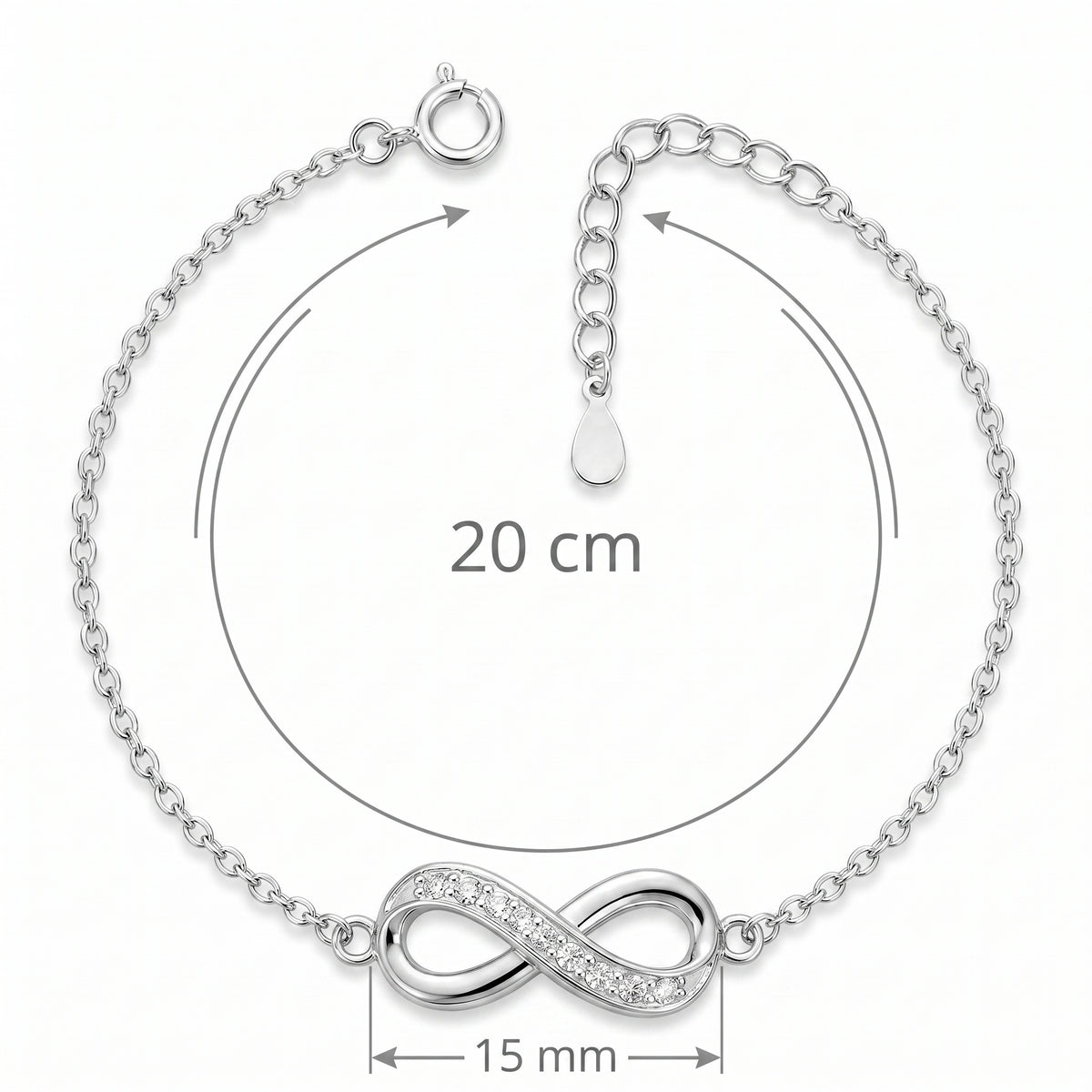 Infografika z obwodem 20 cm i zdobionym motywem infinity o szerokości 15 mm w bransoletce ze srebra