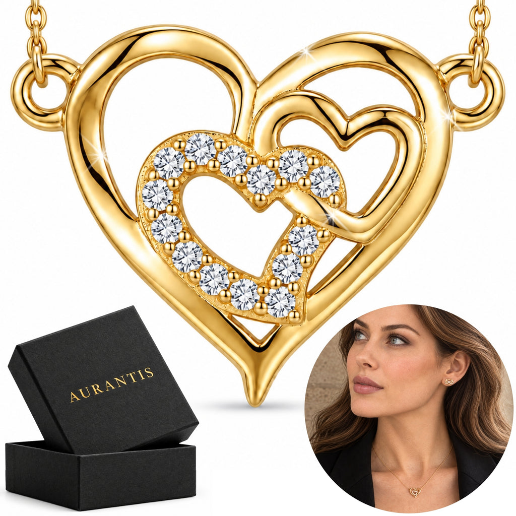 Pozłacany naszyjnik z sercami i cyrkoniami ze srebra 925 w pudełku prezentowym Aurantis