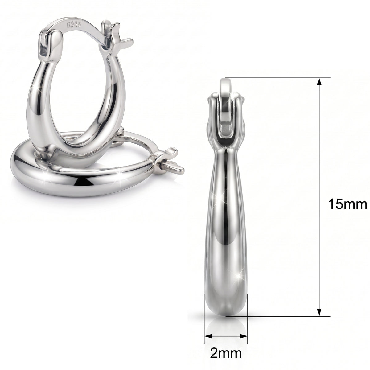 Małe srebrne kolczyki kółka, średnica 15 mm i grubość 2 mm, lite srebro 925